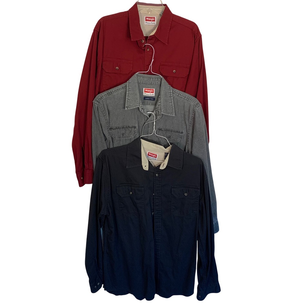 Lot of 3 Wrangler Mens L Large Work Shirts Premium Quality Burgundy Black Gray